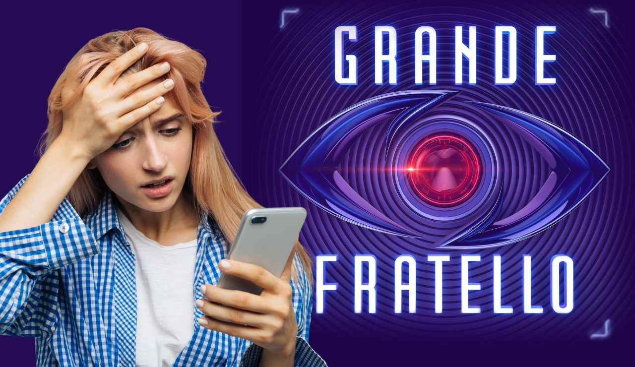 Ragazza legge una notizia che la sconvolge da smartphone e logo del Grande Fratello